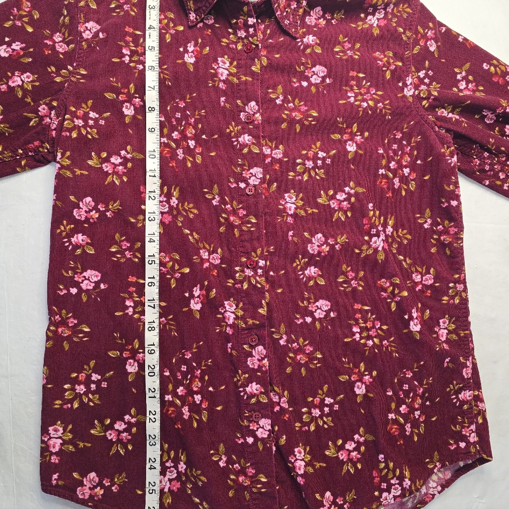Cabin Creek Floral Corduroy Shirt Burgundy Cotton Button Up Cottagecore M - Picture 10 of 12